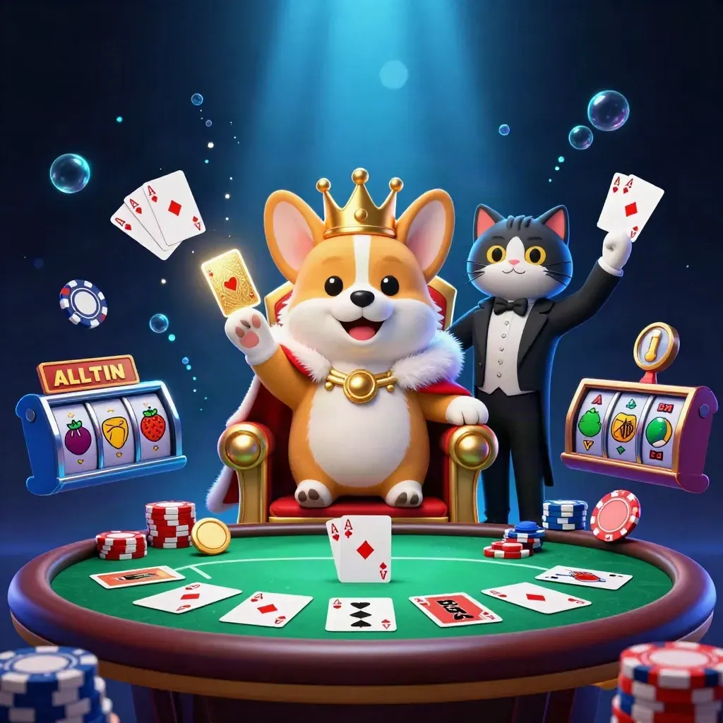 Royal corgi and cat butler amid poker chips, cards, reels, and glowing casino effects.