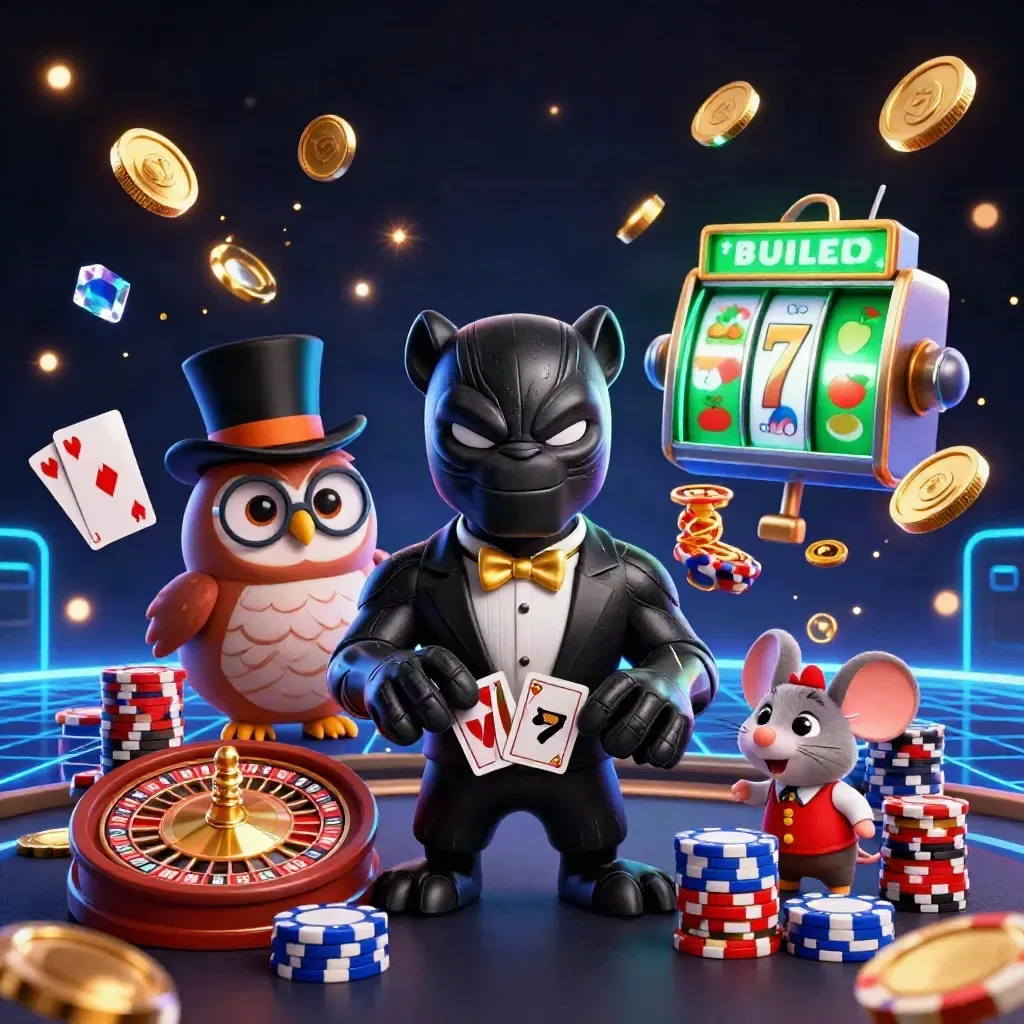 Panther, owl, and mouse in casino action with coins, chips, cards, roulette, and neon glow.