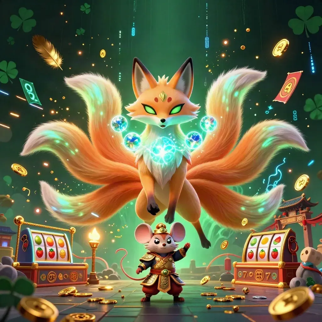 Neon fox spirit and armored mouse amid coins, temple gate, blue energy, and casino fantasy magic.