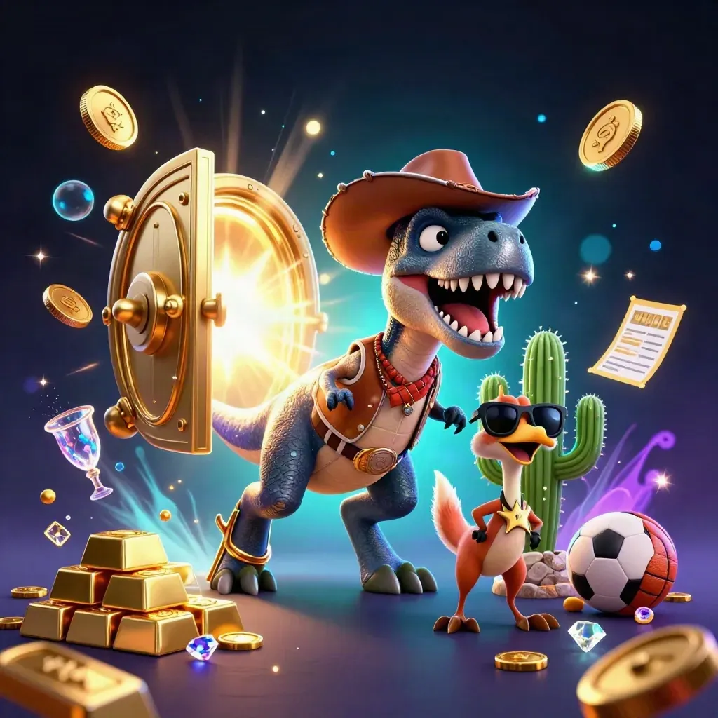 Cowboy T-Rex, cactus sidekick, and roadrunner burst from a glowing gold vault amid casino coins.
