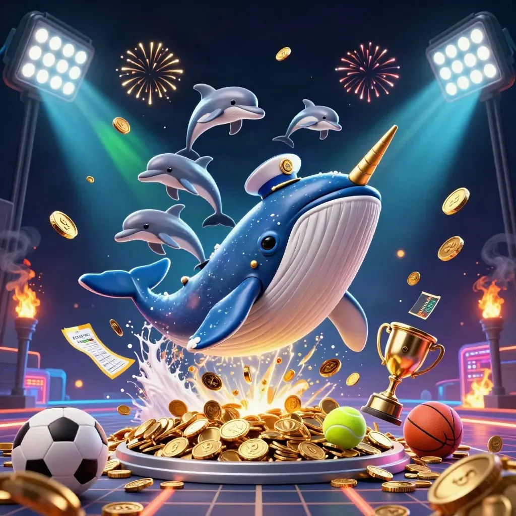 Cartoon whale captain, narwhal and dolphins burst through coins with casino lights and fireworks.