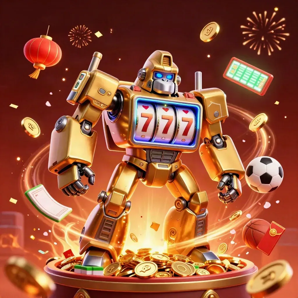 Golden gorilla mech with tiny monkey pilot, coins, fireworks, and sports props in a treasure burst.