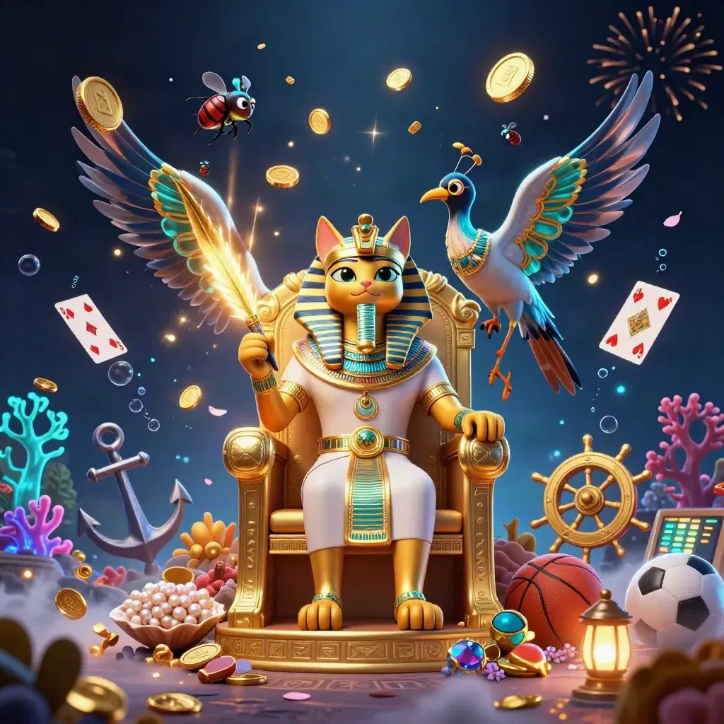 Pharaoh cat and ibis amid coins, coral, cards, and casino sports symbols in neon treasure cove.