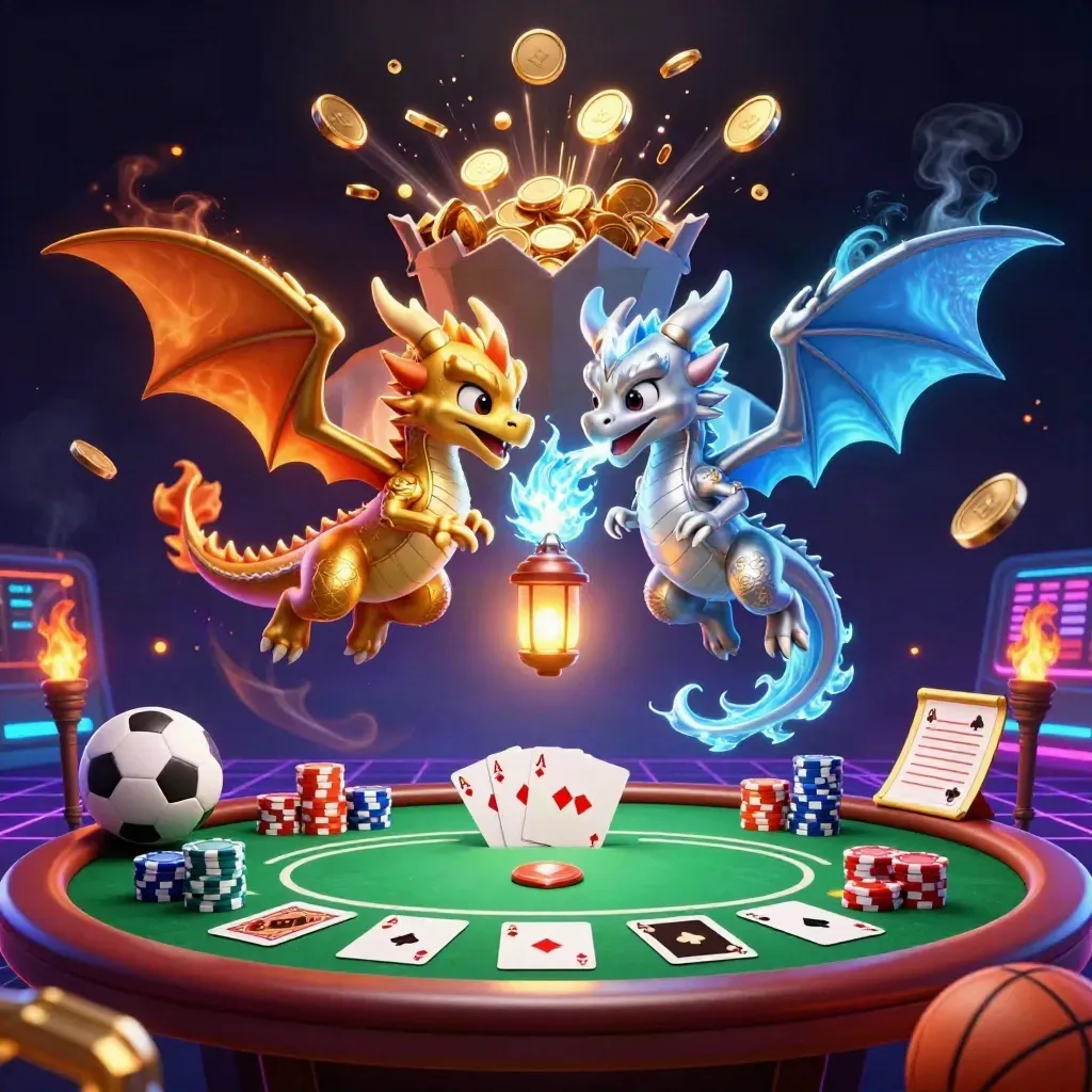 Gold and silver dragons spiral in casino neon amid coins, chips, cards and fireworks.