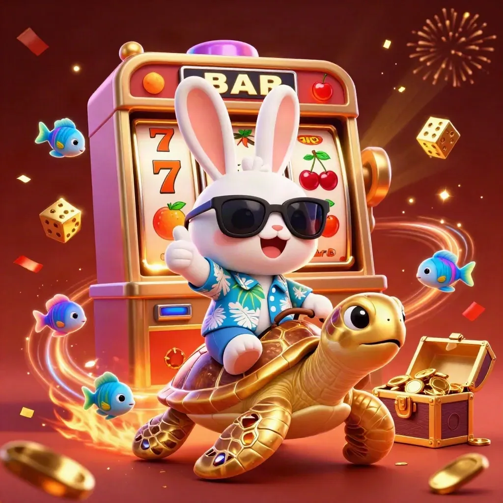 Lucky rabbit rides a gem turtle as slot machine explosions and gold burst around them.