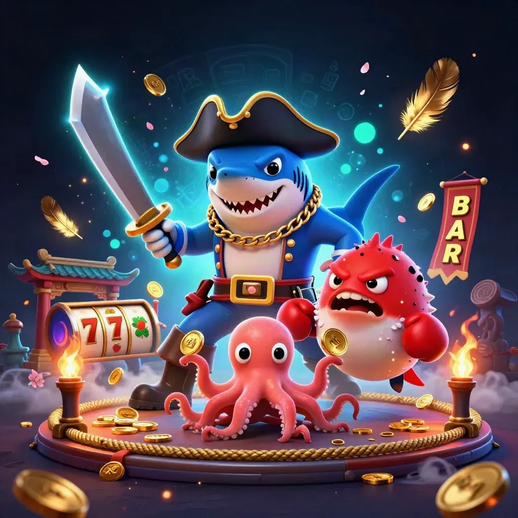 Shark pirate, boxing pufferfish, and juggling octopus amid casino symbols
