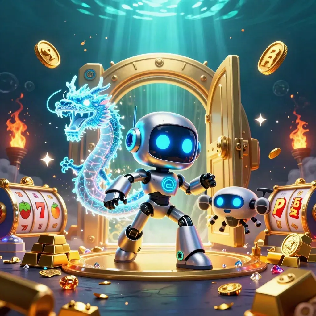 Cyberpunk robot, holographic dragon, and coin drone burst from a golden vault in neon casino art.