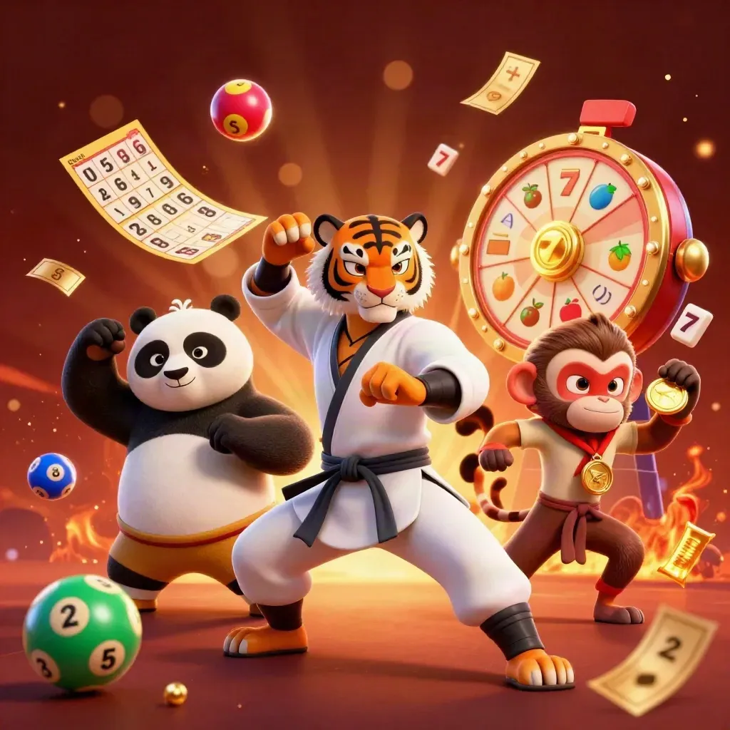 Kung-fu tiger, panda, and monkey burst through casino icons in electric blue ember light.