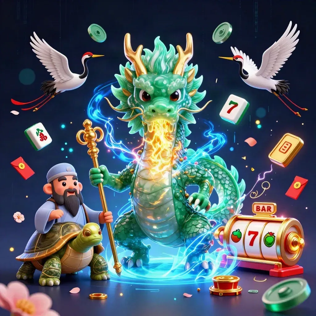 Emerald jade dragon, turtle sage, and cranes amid casino symbols on a dark neon-blue background.