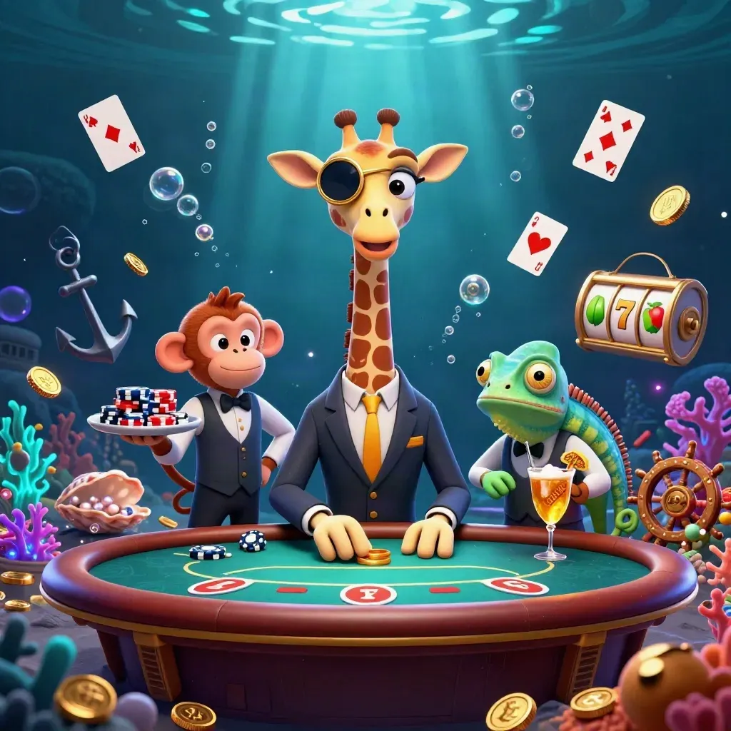 Giraffe high-roller, monkey valet and chameleon bartender in neon underwater casino treasure scene