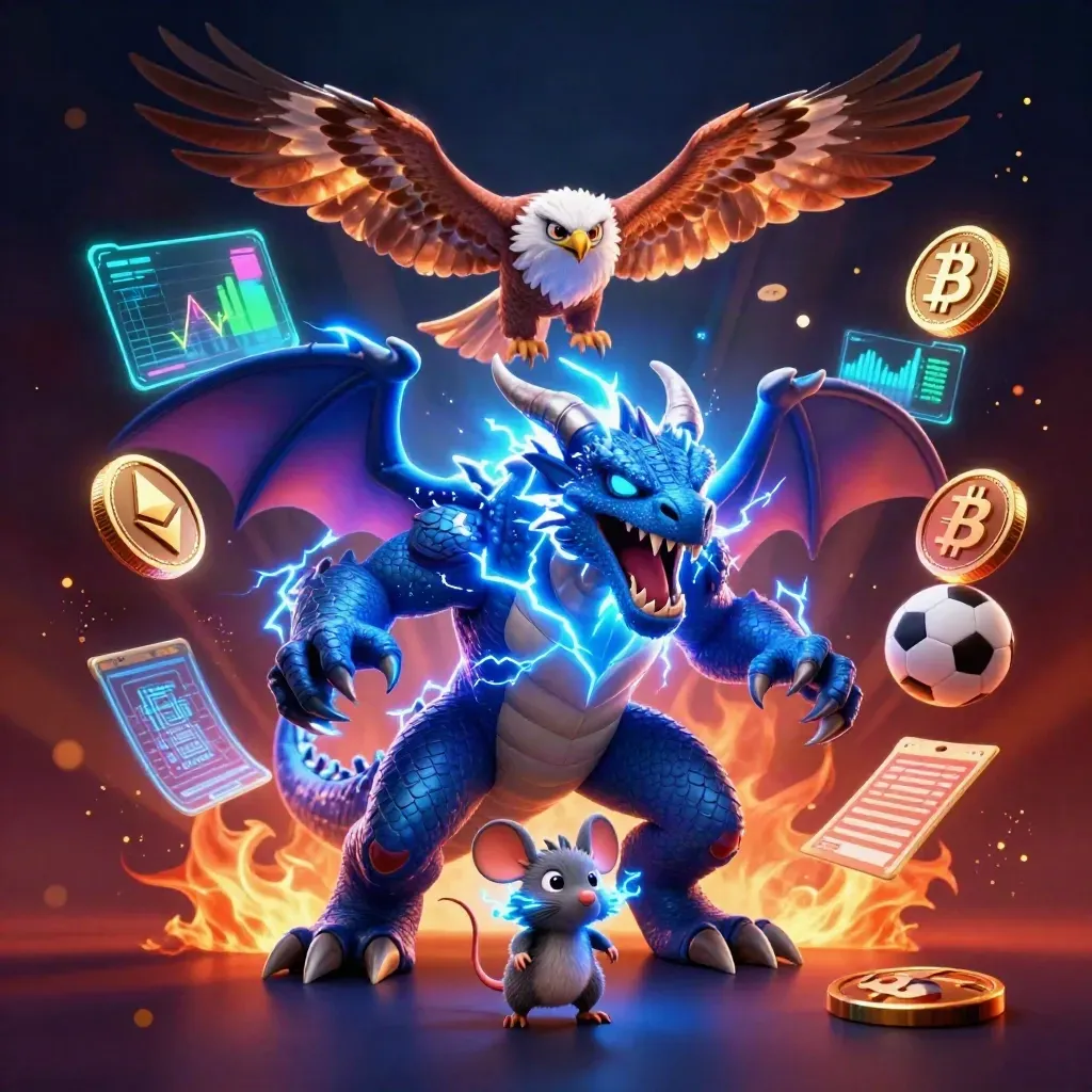 Thunder dragon, wind hawk, and static mouse amid neon coins and casino energy