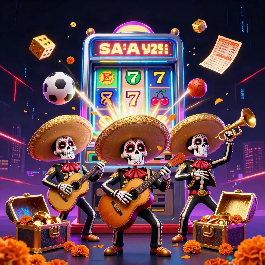 Skeleton mariachi trio with exploding slot machine, gold, sports bets, and neon casino effects.