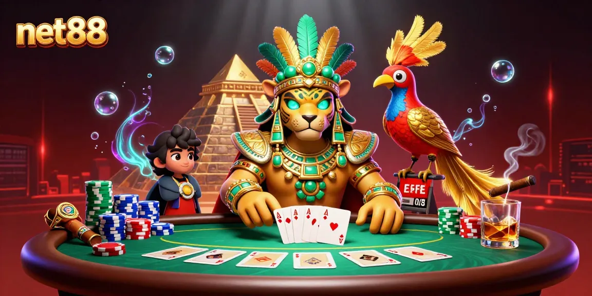 Engage with net88's captivating 3D illustration featuring a jaguar priest in a vibrant casino setting.