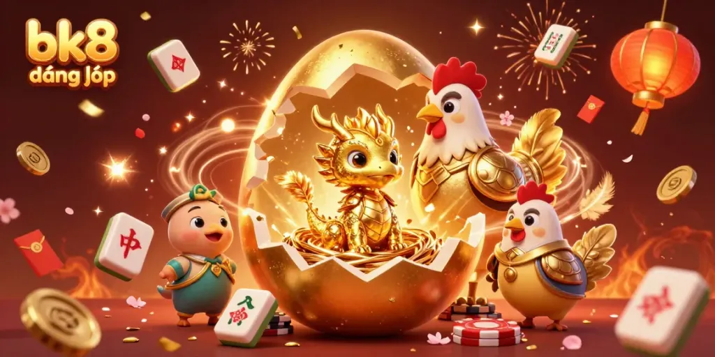 Experience the excitement of bk8 đăng nhập with a grand scene of a gold dragon, poker chips, and festive elements.