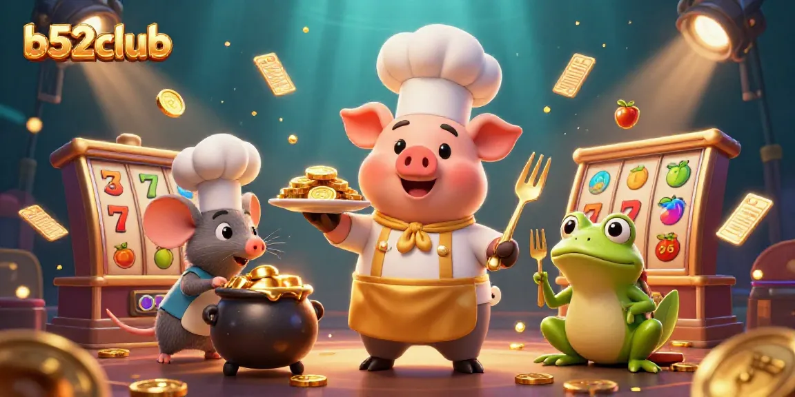 Experience the excitement of b52club with animated characters celebrating casino wins amidst sparkling gold!