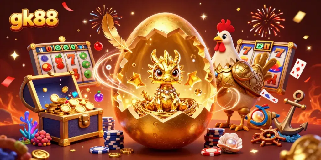 Experience thrilling slot adventures with gk88's vibrant 3D illustration showcasing a golden dragon and poker chips.