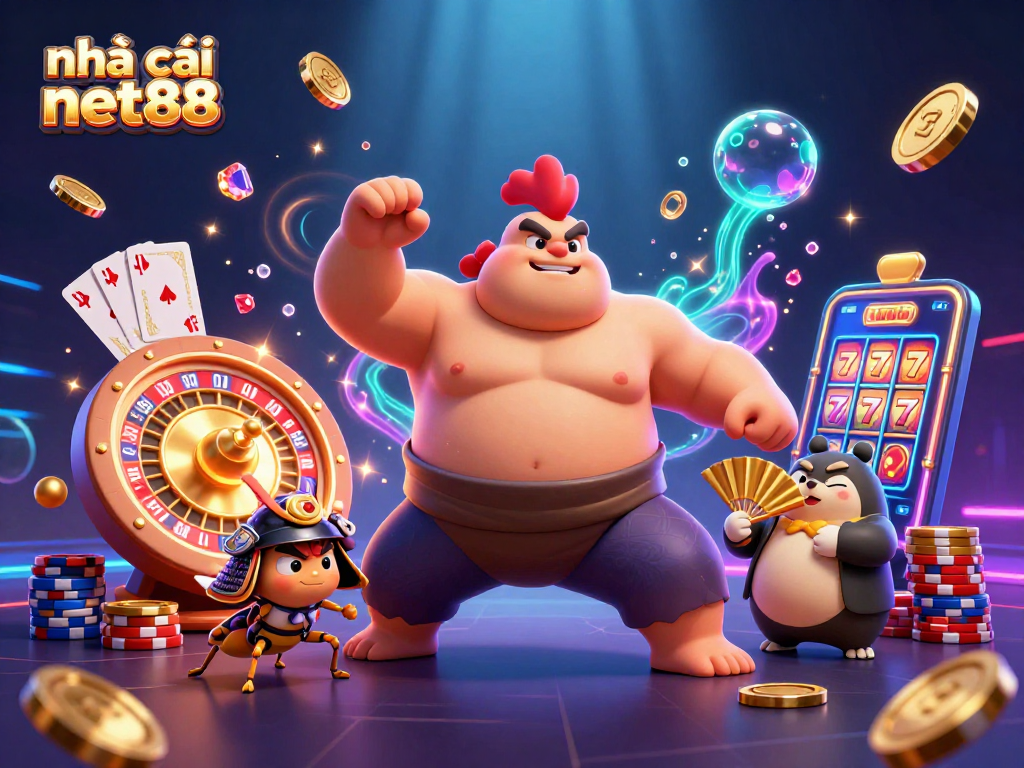 Engage with nhà cái net88's thrilling atmosphere featuring a powerful sumo rooster and a fierce cricket.
