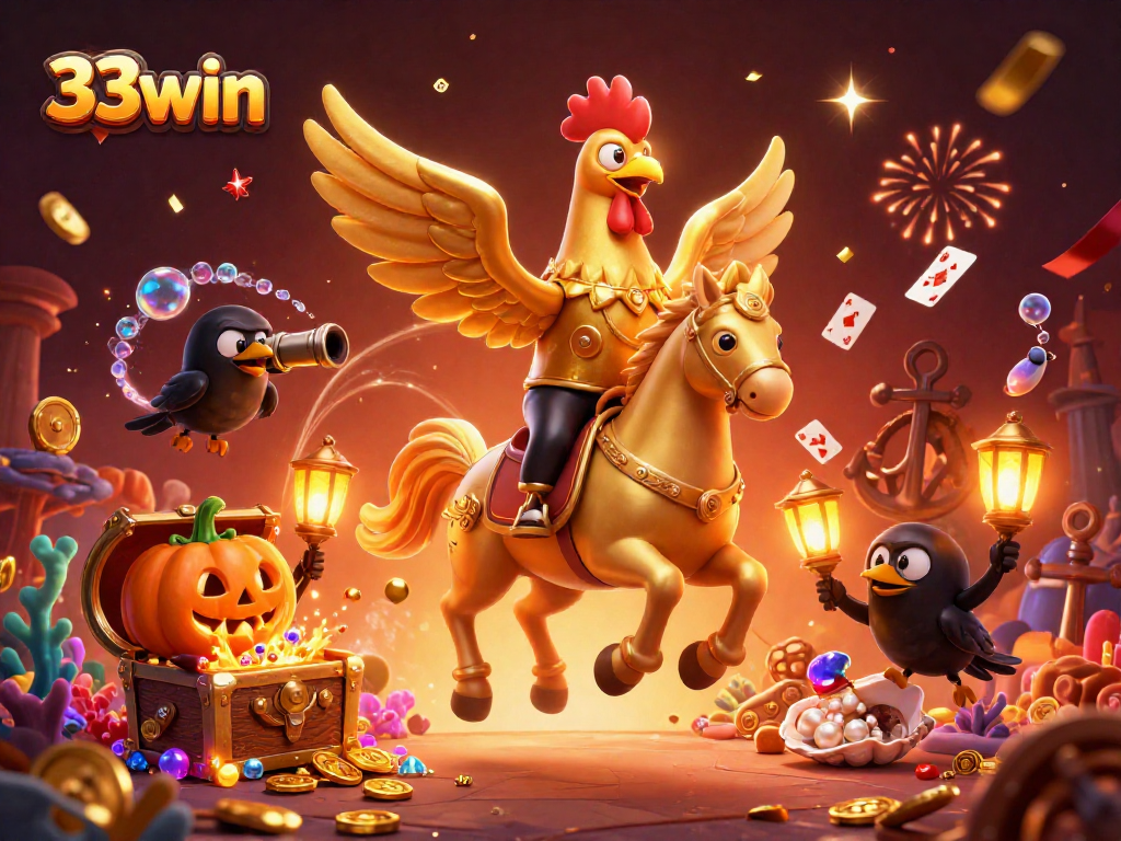 Experience the thrilling adventure of 33win with a golden rooster in a vibrant casino setting.