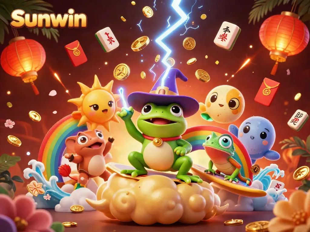 Experience the thrill of gambling with Sunwin, featuring golden coins raining down from a wizard frog amidst vibrant casino symbols.
