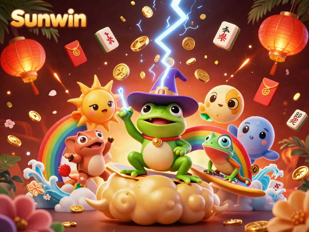Experience the thrill of gambling with Sunwin, featuring golden coins raining down from a wizard frog amidst vibrant casino symbols.