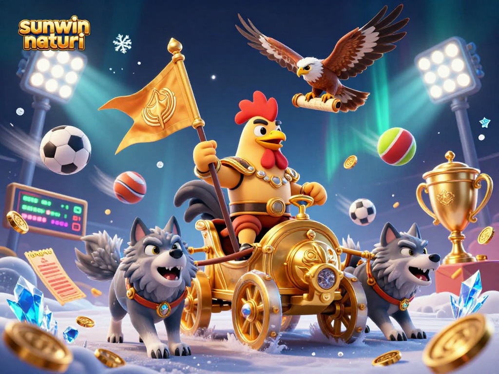 Engage with the vibrant action of sunwin naturi featuring a rooster warlord and sports elements in a dynamic 3D casino scene.