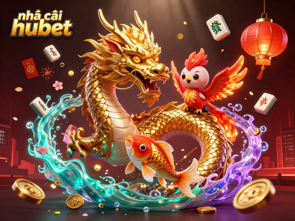 Engage with thrilling gameplay at nhà cái hubet, featuring a magical scene of a dragon, phoenix, and koi amidst vibrant casino elements.