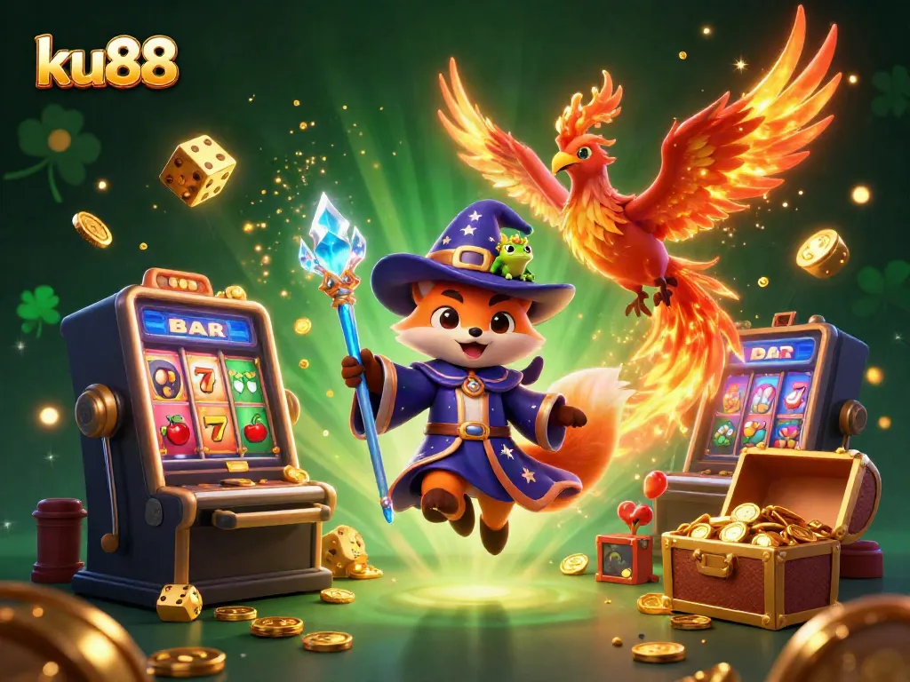 Experience the thrilling world of ku88 with a wizard fox, phoenix, and jackpot excitement in a rich 3D scene.