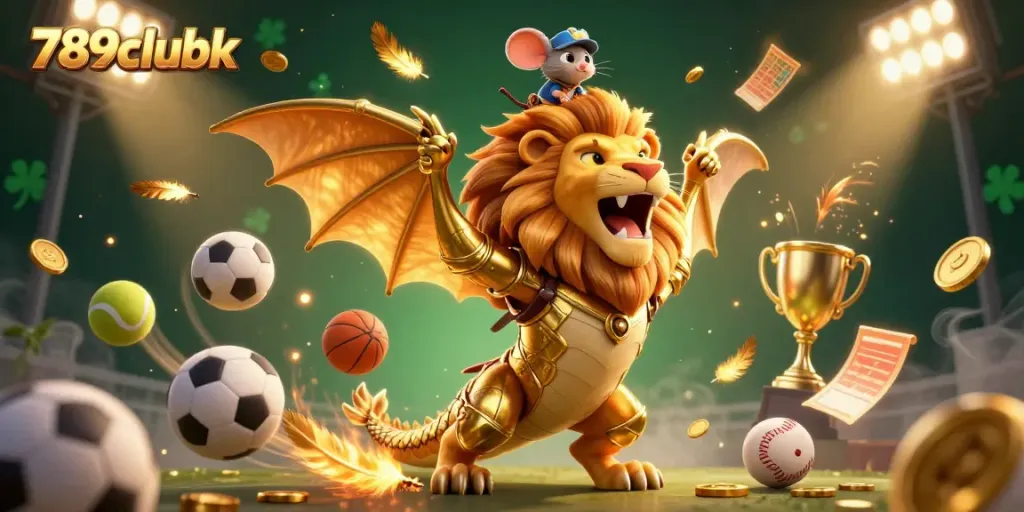 Experience thrilling gameplay at 789clubk with a triumphant chimera and sporting elements in action-packed illustration.
