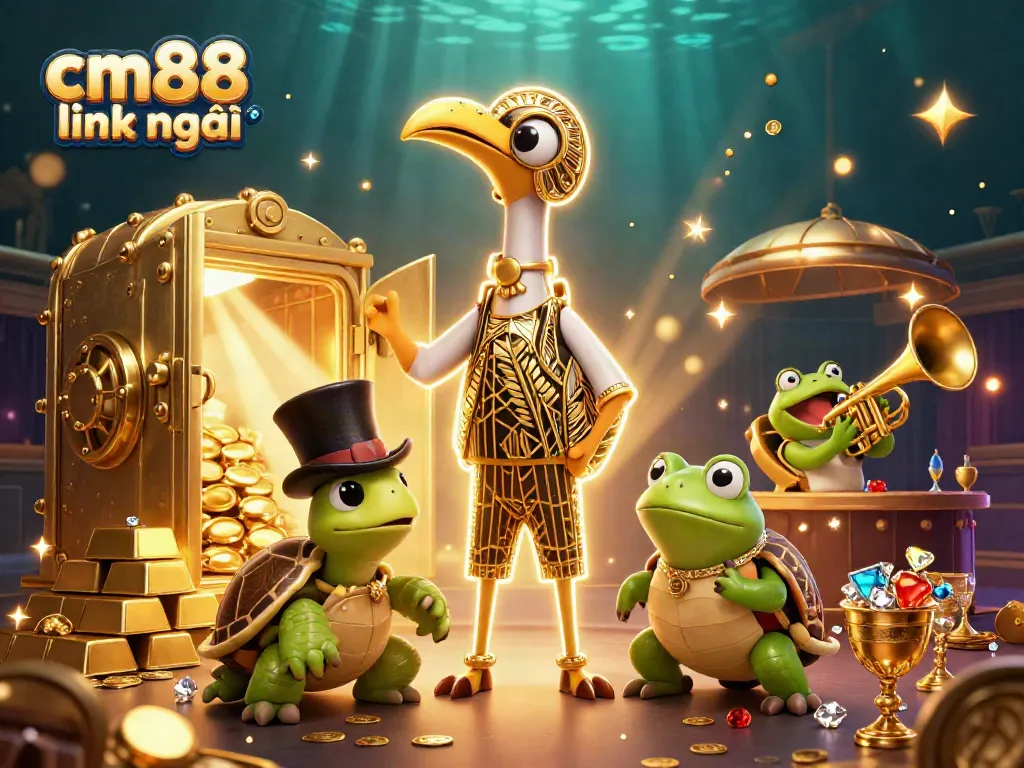 Experience excitement with cm88 link mới in a dynamic 3D casino-themed illustration showcasing vibrant game elements.