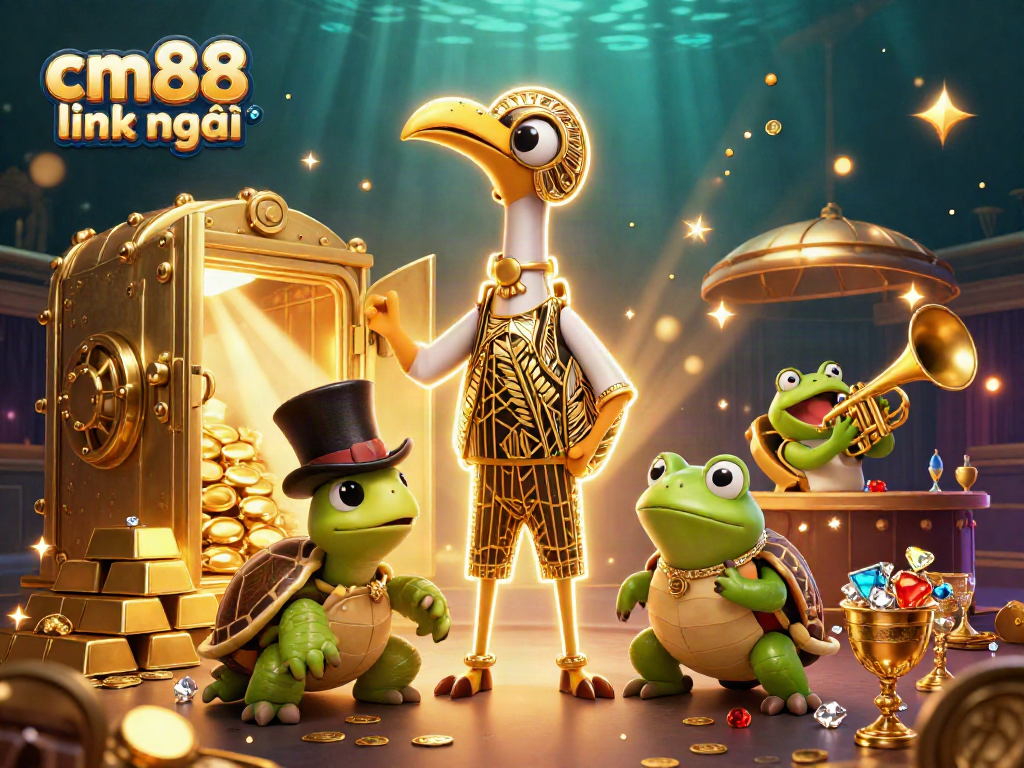 Experience excitement with cm88 link mới in a dynamic 3D casino-themed illustration showcasing vibrant game elements.