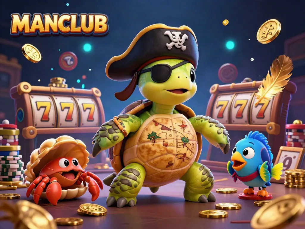 MANCLUB presents a vibrant casino scene with a turtle, crab, and parrotfish surrounded by slot reels.
