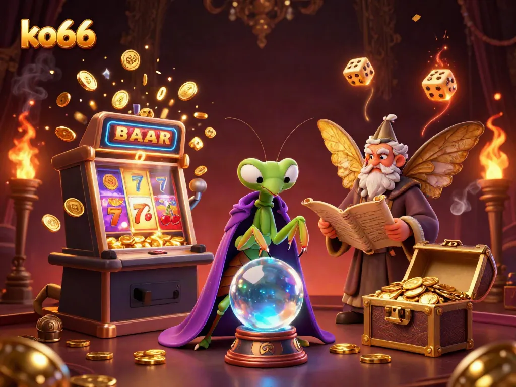 Win big at ko66 with a vibrant casino scene featuring dynamic slot machines and fortune tellers.