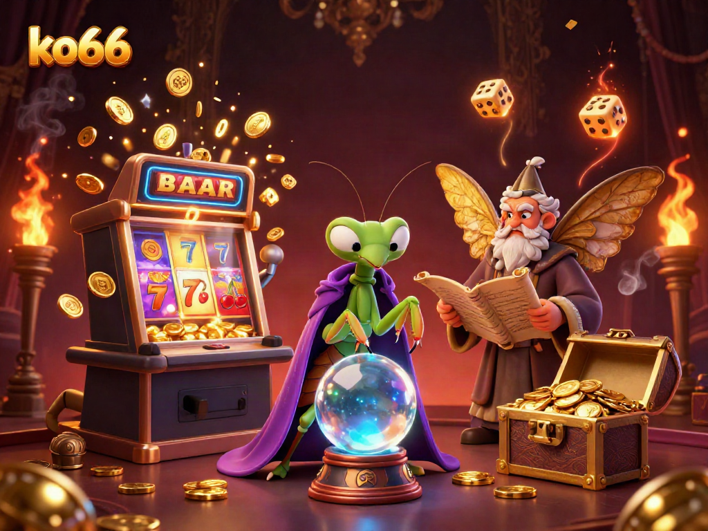 Win big at ko66 with a vibrant casino scene featuring dynamic slot machines and fortune tellers.