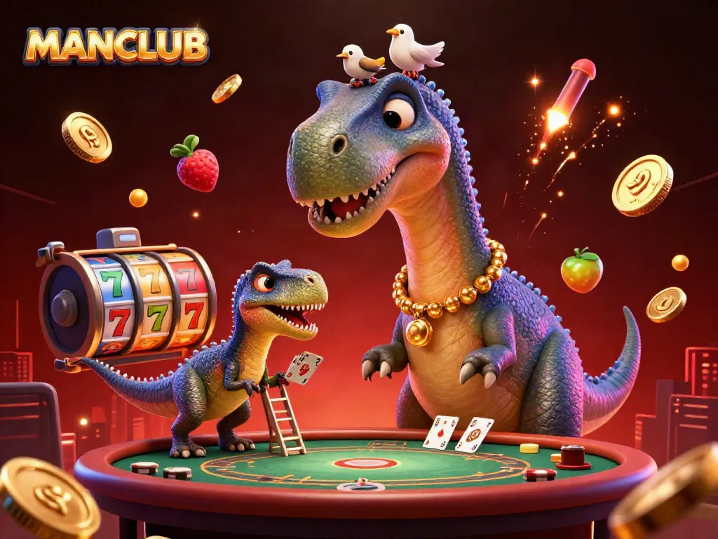 Engage with MANCLUB in a vibrant casino scene showcasing unique characters and slot elements.