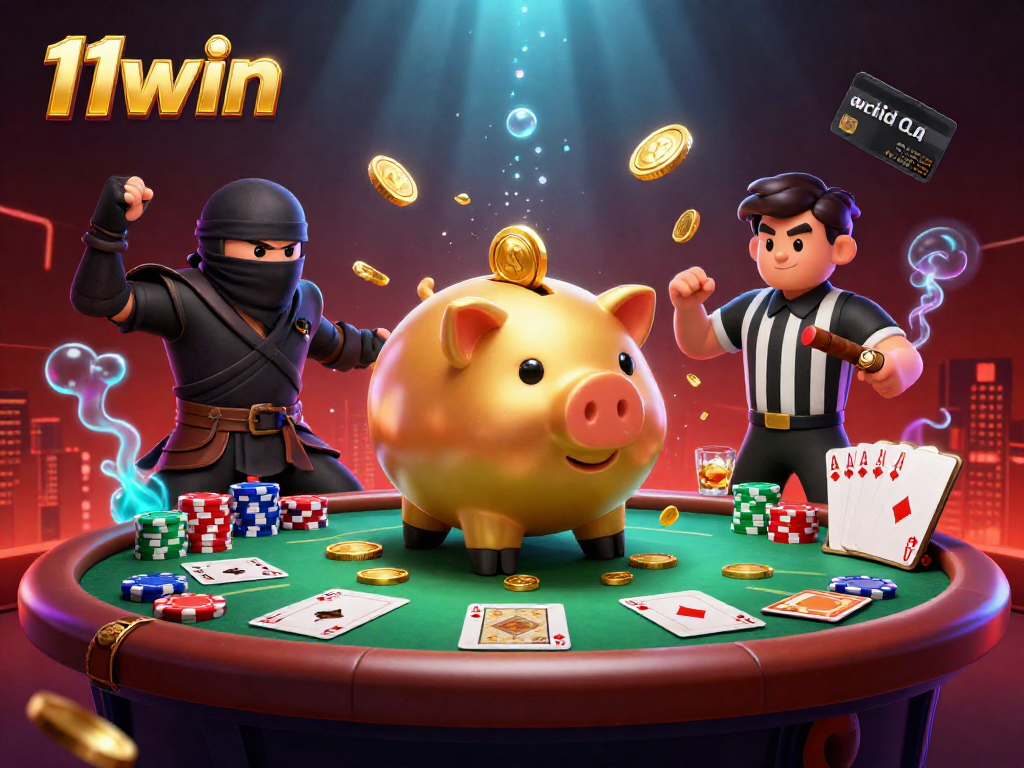 Win big with 11win as a golden piggy bank sumo wrestler brings the excitement of poker!