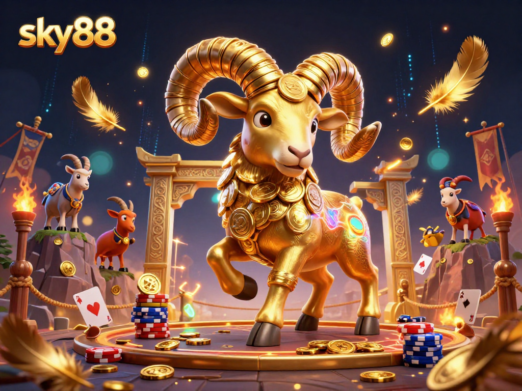 Experience exhilarating bets at sky88 with a vibrant casino scene featuring a golden ram charging through a dynamic gaming arena.
