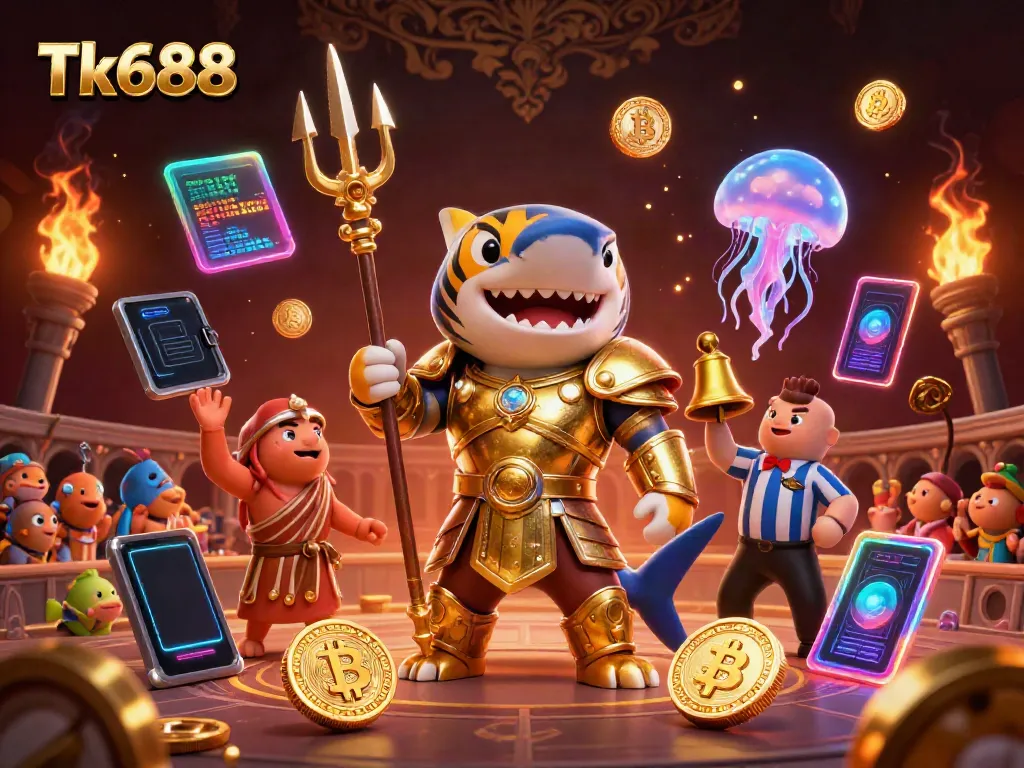 Experience thrilling gameplay at Tk688 with a majestic golden shark and enchanting crypto elements enhancing the adventure.