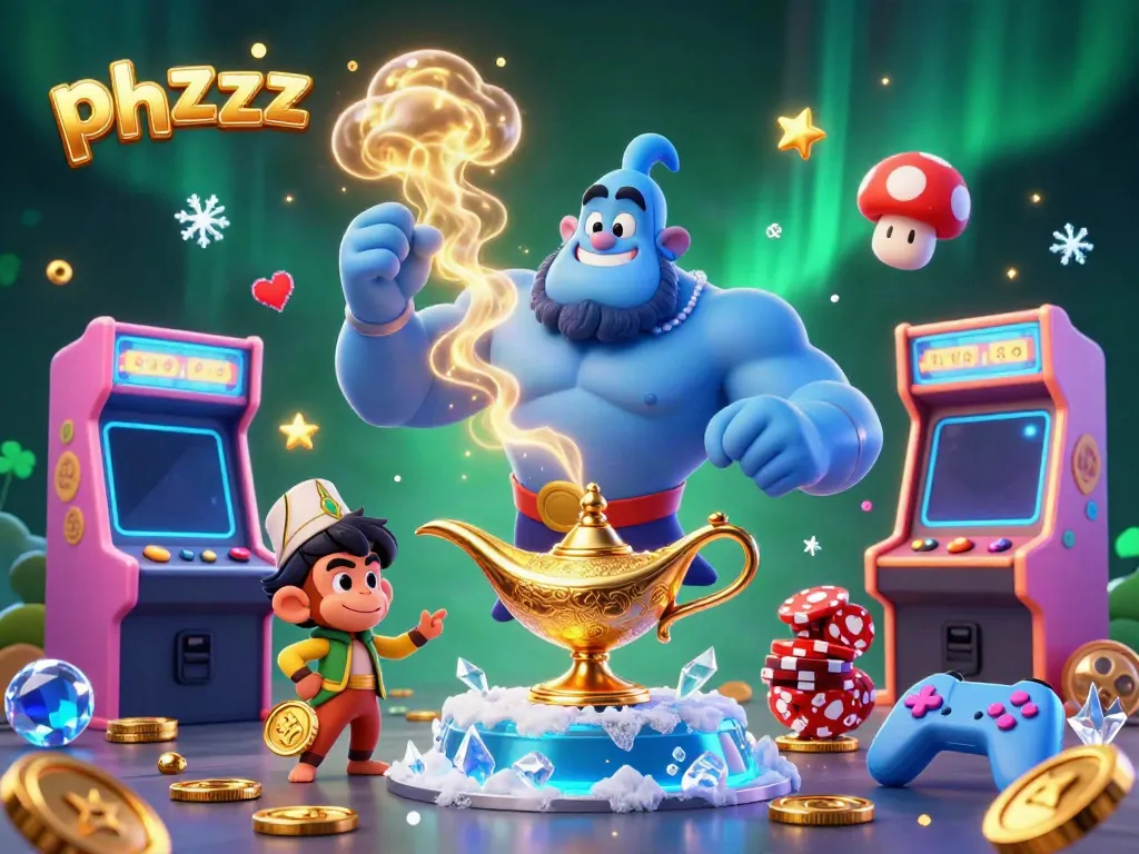 Engage with phzzz as a muscular genie unleashes Casino magic in a vibrant gaming wonderland.