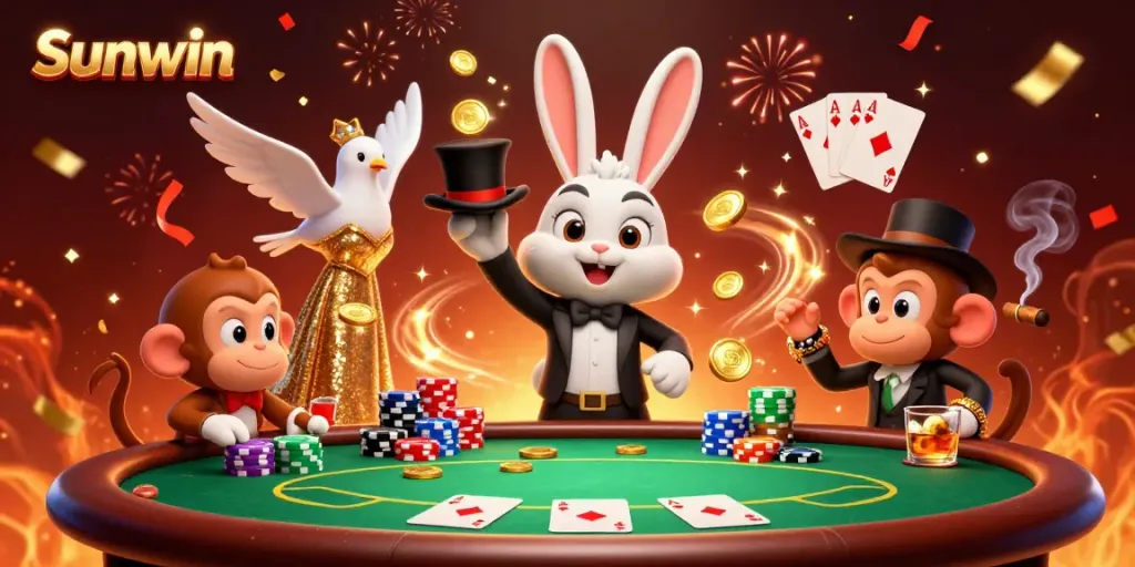 Experience festive excitement at Sunwin's casino with a magician, dove, and monkey in action.