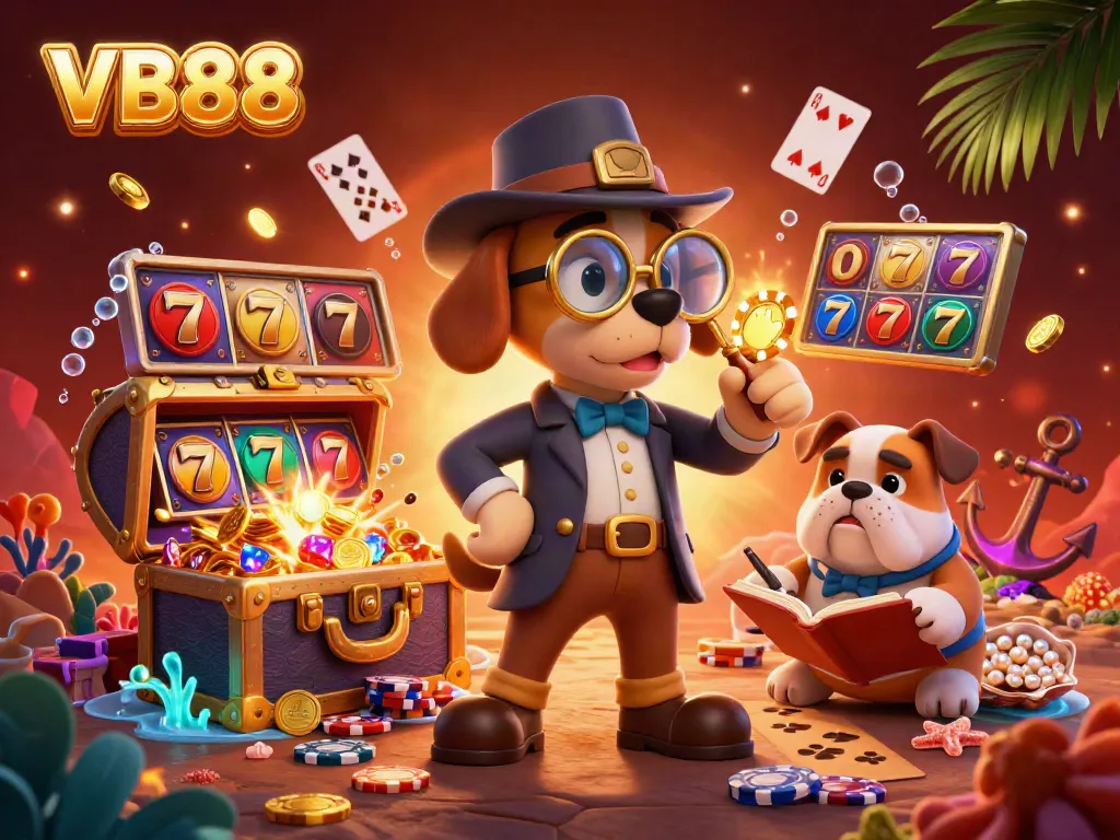 Uncover thrilling VB88 moments with a detective on a treasure hunt in a lively casino scene.