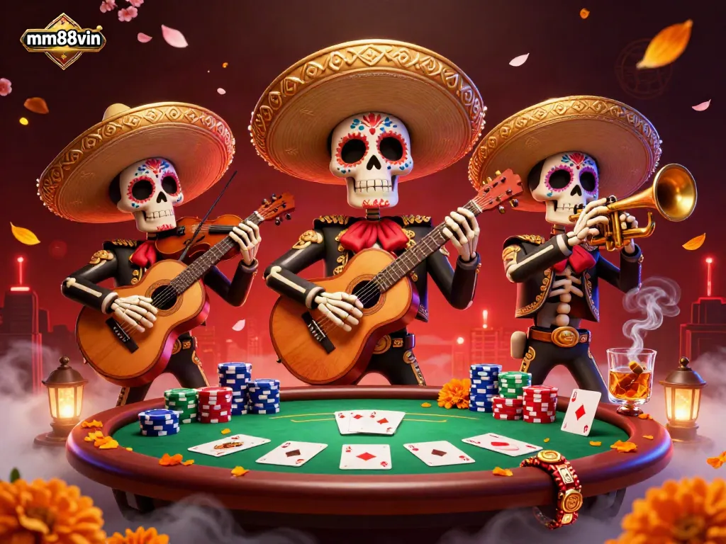 Experience a vibrant casino atmosphere with mm88vin as skeleton mariachi musicians create an energetic poker scene.
