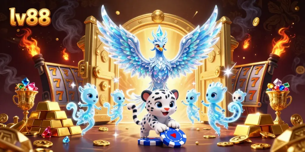 Engage with the excitement at lv88, featuring a dazzling ice phoenix, playful leopard, and sparkling casino elements.