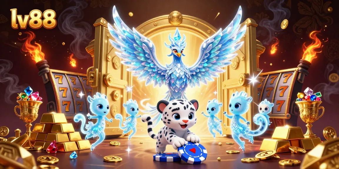 Engage with the excitement at lv88, featuring a dazzling ice phoenix, playful leopard, and sparkling casino elements.