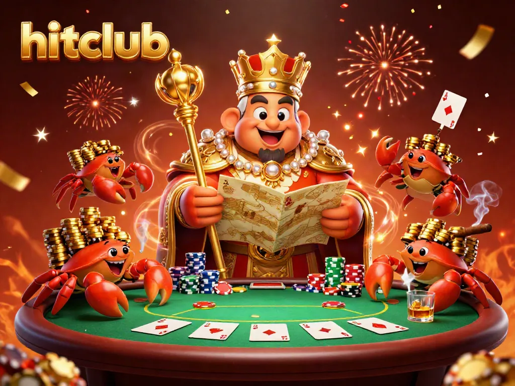 Experience high-stakes poker with hitclub’s vibrant crab emperor amid golden chips and festive elements.