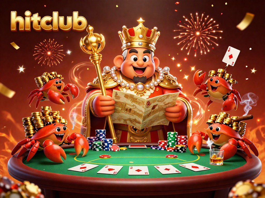 Experience high-stakes poker with hitclub’s vibrant crab emperor amid golden chips and festive elements.