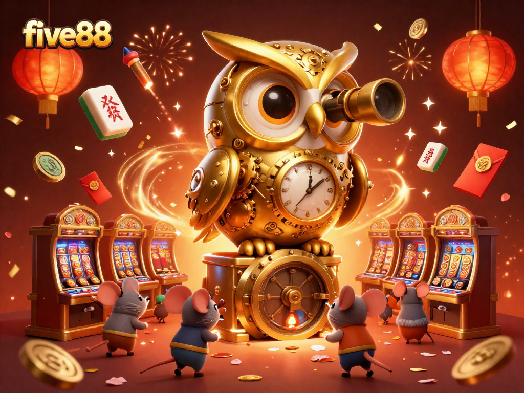 Experience the excitement of five88 with a clockwork owl and casino elements in this vibrant scene.