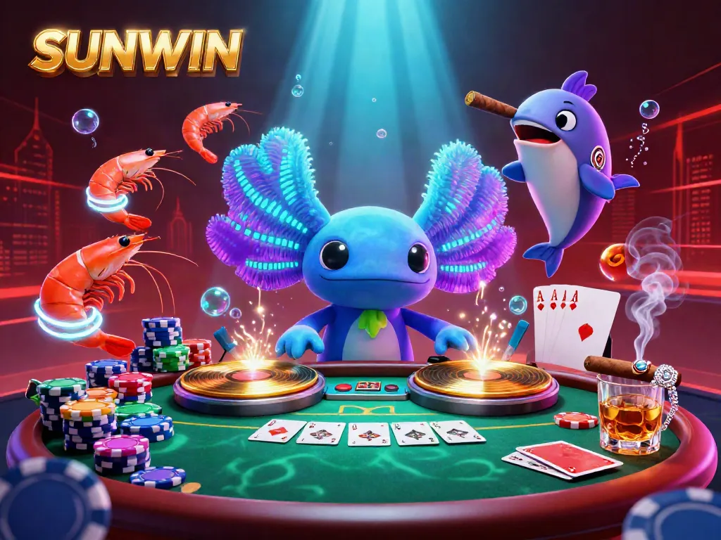 SUNWIN-themed vibrant casino scene with axolotl DJ and shrimp dancers surrounded by poker elements.