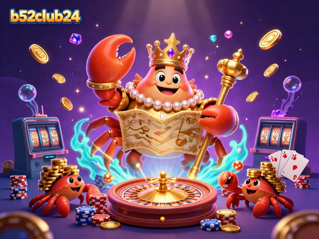 Experience the thrill of b52club24 with a golden crab emperor amidst sparkling gems and casino games