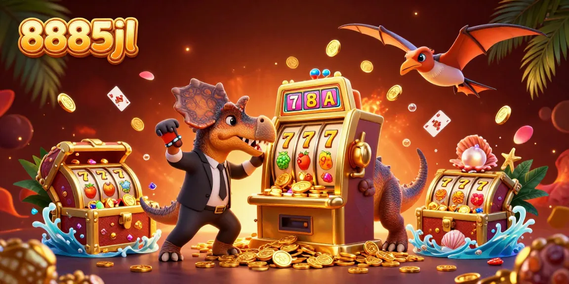 Experience the thrilling 8885jl jackpot scene with cartoon dinosaurs at a casino, winning gold coins.