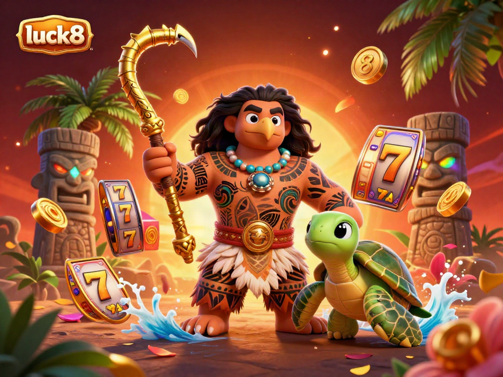 Experience the thrill of luck8 with dynamic slot reels surrounded by a vibrant tropical theme.